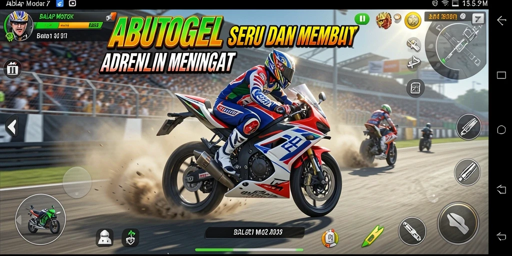 Tampilan gameplay ABUTOGEL dengan motor balap beraksi di trek.