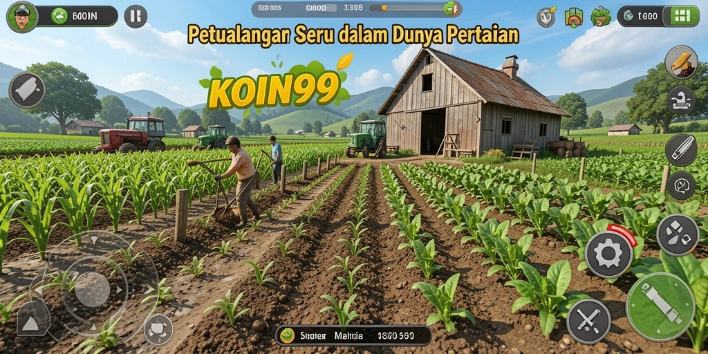 Screenshot utama KOIN99 menampilkan berbagai tanaman dan hewan di lahan pertanian yang hijau.