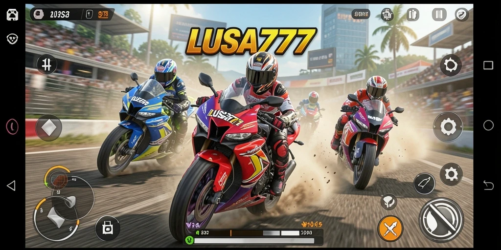 Screenshot gameplay LUSA777 dengan aksi balapan motor menegangkan.