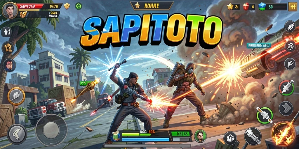 Tampilan gameplay seru dalam SAPITOTO saat pertempuran TPS berlangsung.